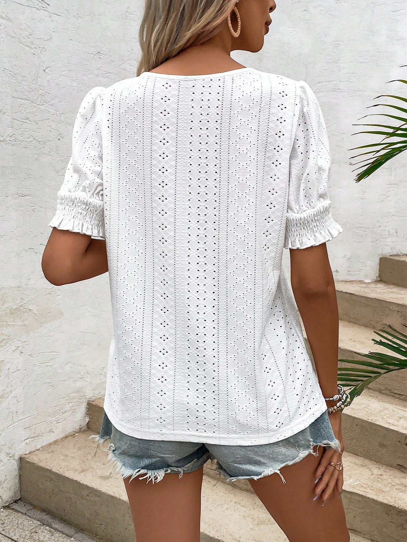 Eyelet Embroidery Button Front Puff Sleeve Tee