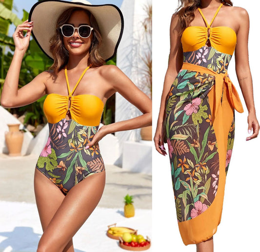 Yellow & Green One-Piece Bikini with Matching Cover-Up – Vibrant Swimwear Set